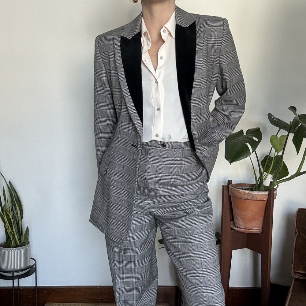 Vintage Plaid Wool Velvet Suit Set | 2-Piece Blazer & Pants